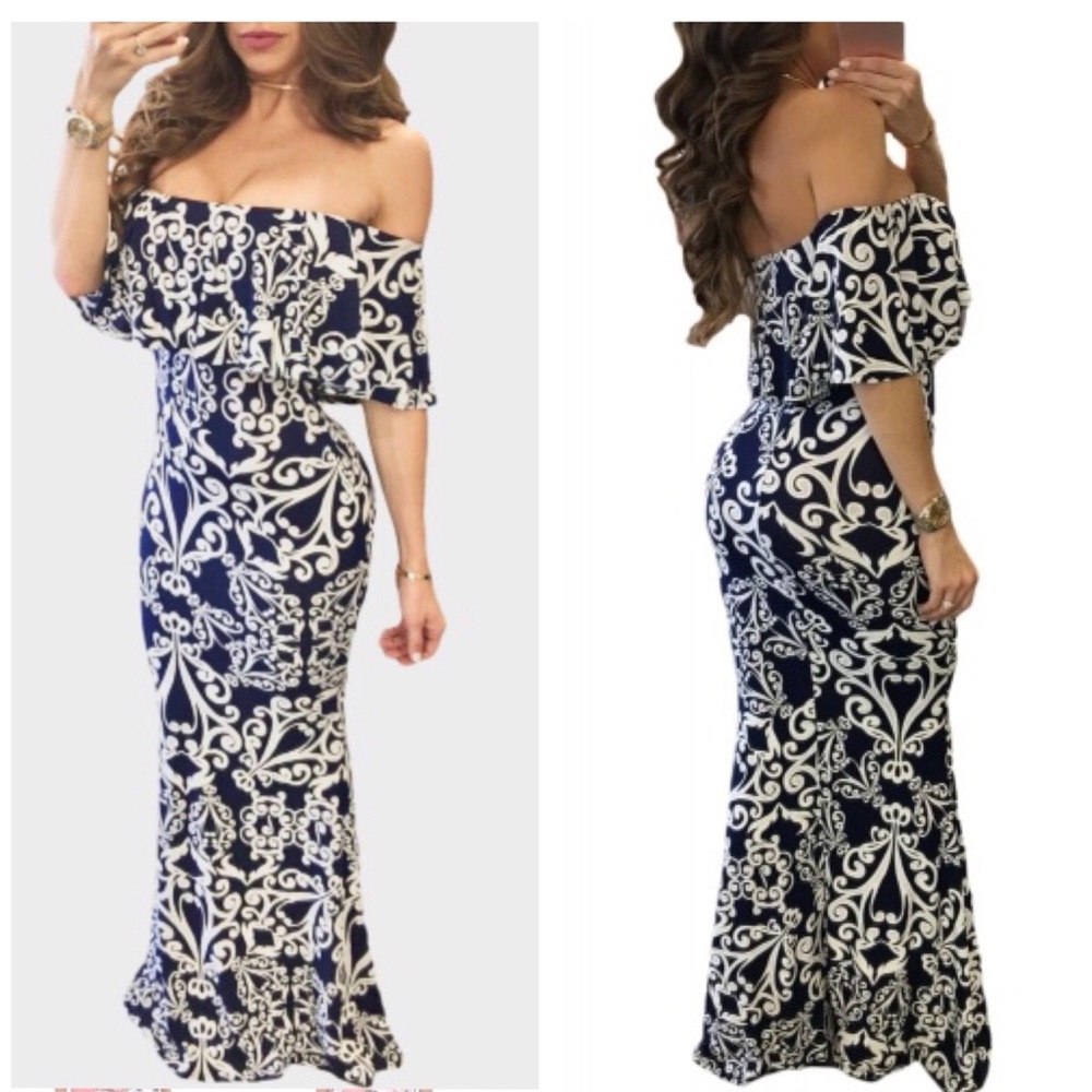 Print Navy Off-the-shoulder Maxi Dress-stretch